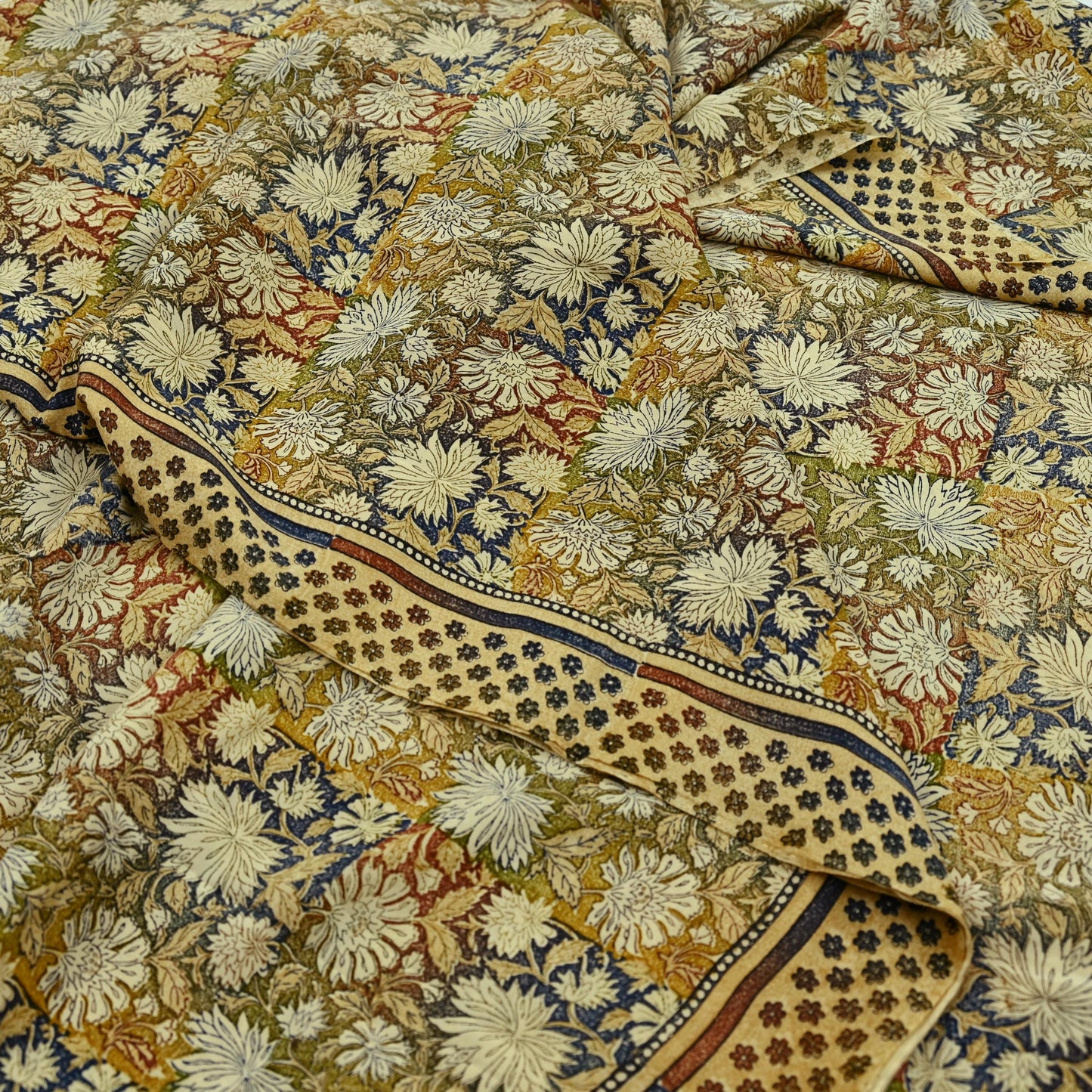 Indian Vintage Sari Beige Pure Crepe Silk Block Printed Sarees 5yd Sewing Floral Soft Craft Fabric Wrap Dress making Crafting Quilting Used
