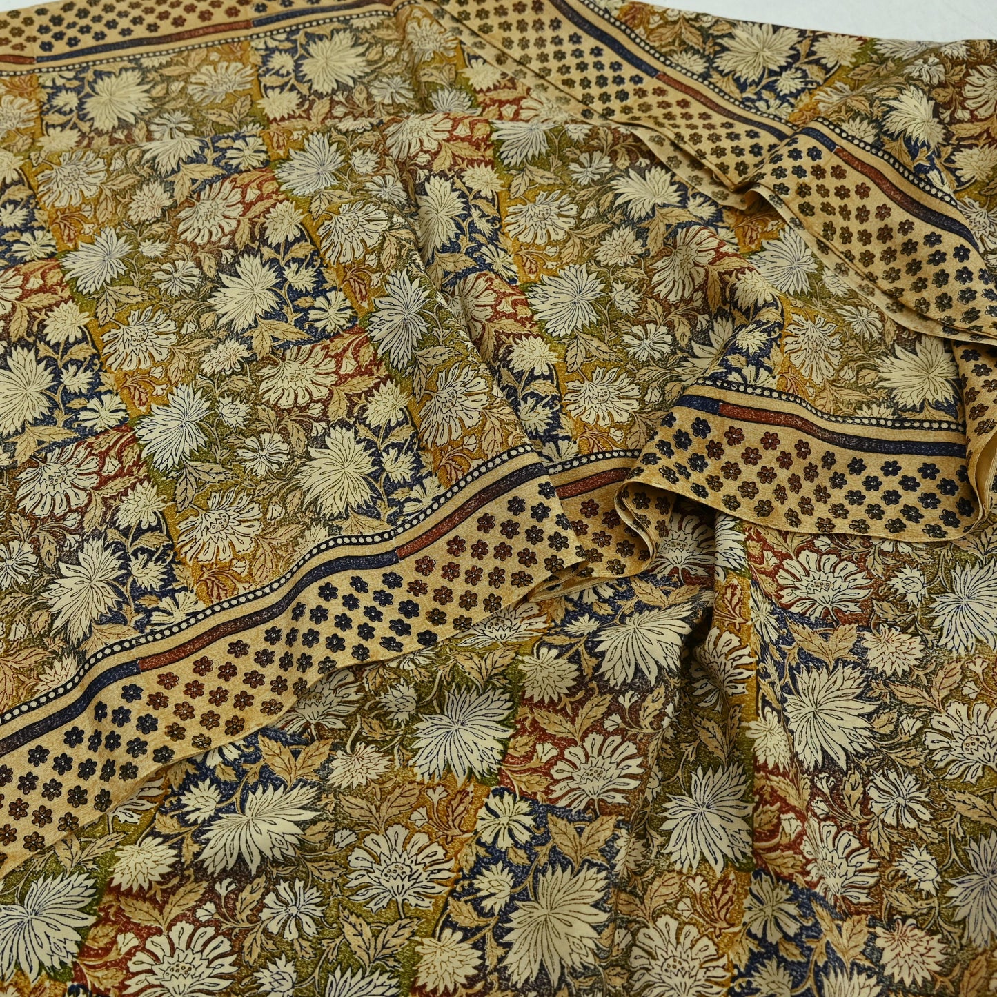 Indian Vintage Sari Beige Pure Crepe Silk Block Printed Sarees 5yd Sewing Floral Soft Craft Fabric Wrap Dress making Crafting Quilting Used