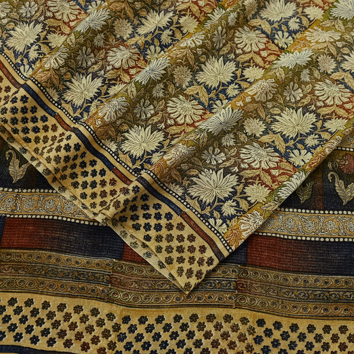 Indian Vintage Sari Beige Pure Crepe Silk Block Printed Sarees 5yd Sewing Floral Soft Craft Fabric Wrap Dress making Crafting Quilting Used