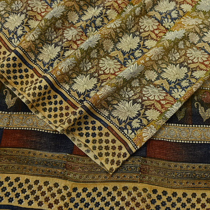 Indian Vintage Sari Beige Pure Crepe Silk Block Printed Sarees 5yd Sewing Floral Soft Craft Fabric Wrap Dress making Crafting Quilting Used