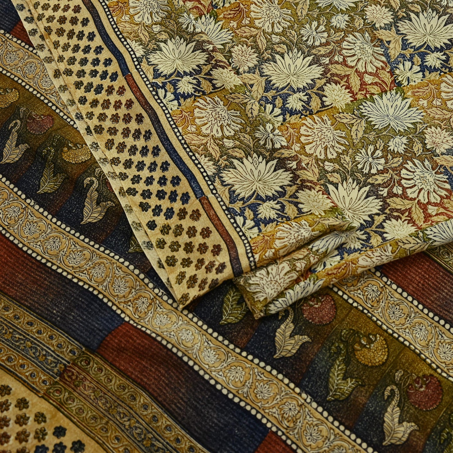 Indian Vintage Sari Beige Pure Crepe Silk Block Printed Sarees 5yd Sewing Floral Soft Craft Fabric Wrap Dress making Crafting Quilting Used
