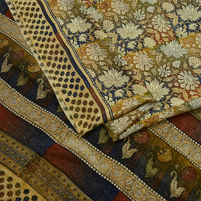 Indian Vintage Sari Beige Pure Crepe Silk Block Printed Sarees 5yd Sewing Floral Soft Craft Fabric Wrap Dress making Crafting Quilting Used