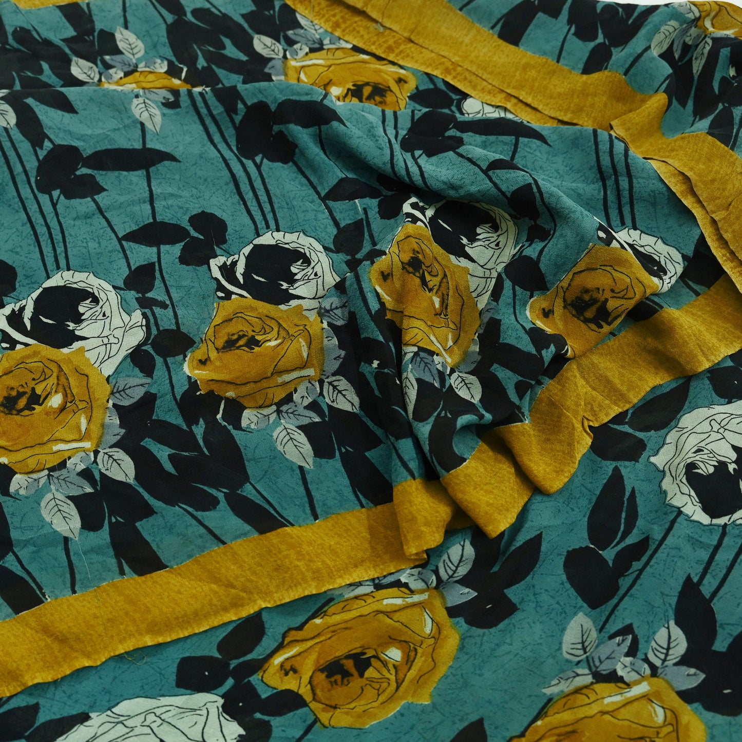 Indian Vintage Sari Green 100% Pure Georgette Silk Hand Printed Sarees Sewing 5yd Craft Fabric Soft Dress Designing for Crafting