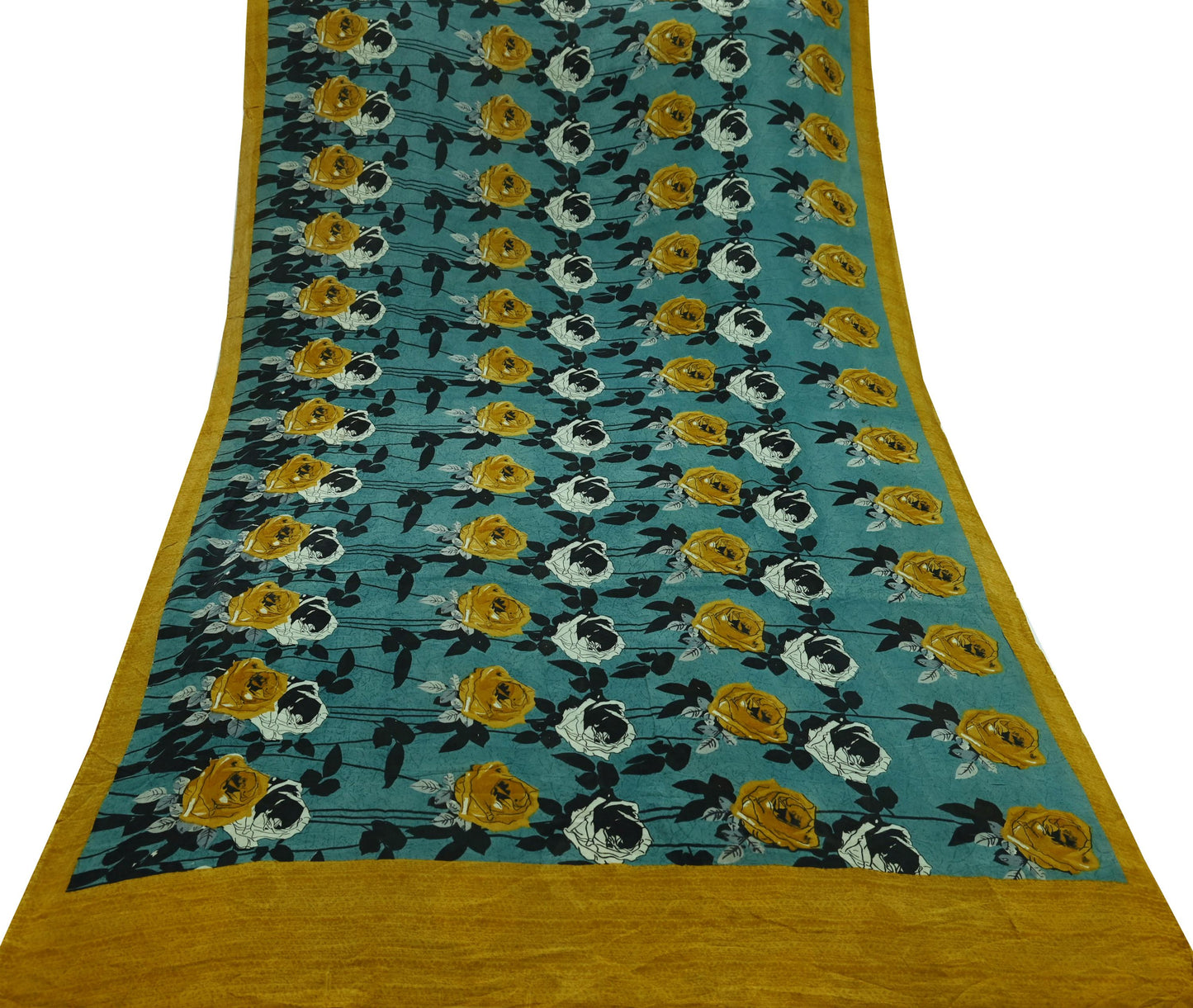 Indian Vintage Sari Green 100% Pure Georgette Silk Hand Printed Sarees Sewing 5yd Craft Fabric Soft Dress Designing for Crafting