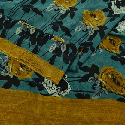 Indian Vintage Sari Green 100% Pure Georgette Silk Hand Printed Sarees Sewing 5yd Craft Fabric Soft Dress Designing for Crafting