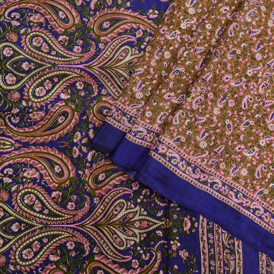 Vintage Sari Brown & Purple 100% Pure Silk Printed Sarees Craft Fabric 5yd Sewing Paisley Dress Designing for Crafting Quilting