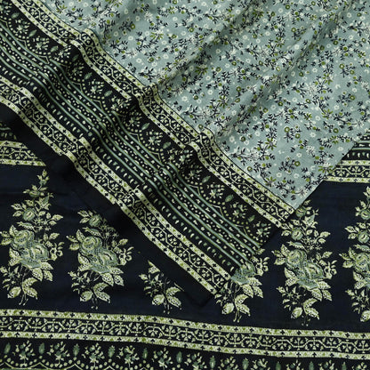 Indian Vintage Sari Black & Gray 100% Pure Silk Printed Saree 5yd Sewing Craft Fabric Dress Making Soft Crafting Quilting Upcycle Used