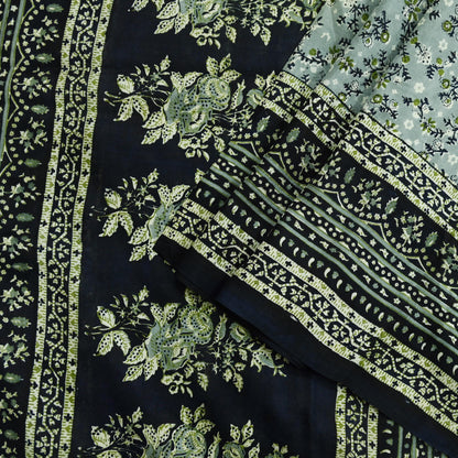 Indian Vintage Sari Black & Gray 100% Pure Silk Printed Saree 5yd Sewing Craft Fabric Dress Making Soft Crafting Quilting Upcycle Used
