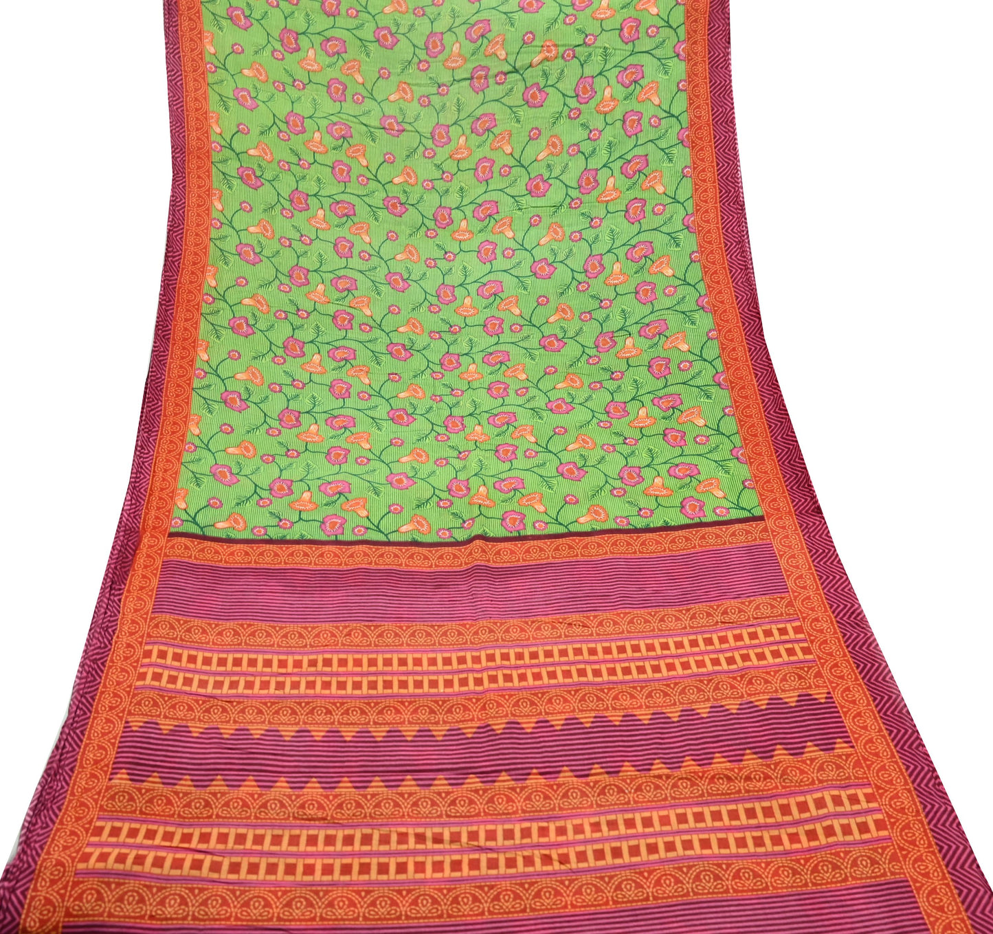 Indian Vintage Sari Green Printed Pure Cotton Sarees 5Yd Craft Fabric Soft Sewing Sarong Wrap Boho Upcycle quilting Dress making