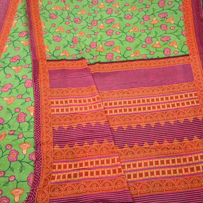 Indian Vintage Sari Green Printed Pure Cotton Sarees 5Yd Craft Fabric Soft Sewing Sarong Wrap Boho Upcycle quilting Dress making