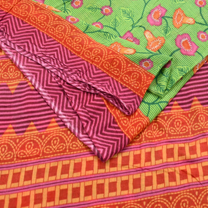 Indian Vintage Sari Green Printed Pure Cotton Sarees 5Yd Craft Fabric Soft Sewing Sarong Wrap Boho Upcycle quilting Dress making