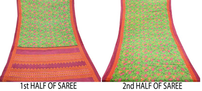 Indian Vintage Sari Green Printed Pure Cotton Sarees 5Yd Craft Fabric Soft Sewing Sarong Wrap Boho Upcycle quilting Dress making