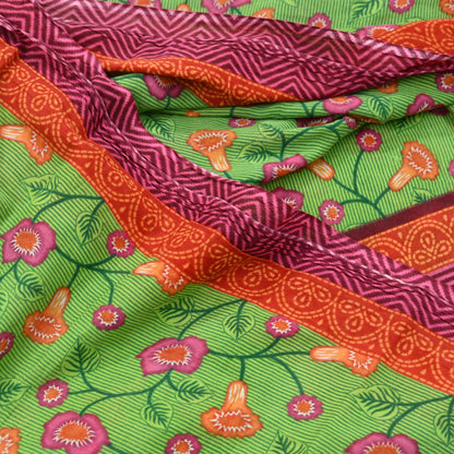 Indian Vintage Sari Green Printed Pure Cotton Sarees 5Yd Craft Fabric Soft Sewing Sarong Wrap Boho Upcycle quilting Dress making