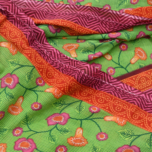 Indian Vintage Sari Green Printed Pure Cotton Sarees 5Yd Craft Fabric Soft Sewing Sarong Wrap Boho Upcycle quilting Dress making