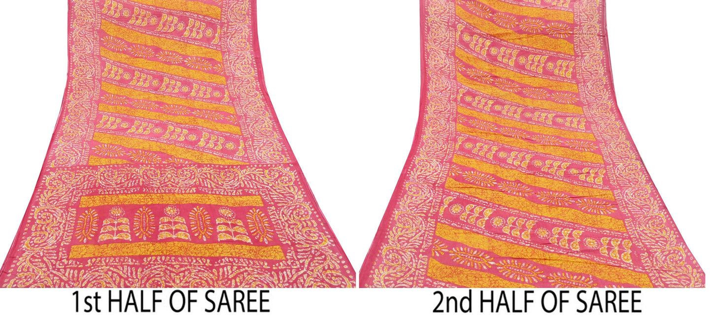 Indian Vintage Sari Pink Batik Printed Saree 100% Pure Cotton 5Yd Craft Fabric Soft Sewing Sarong Wrap Boho Quilting Dress Making