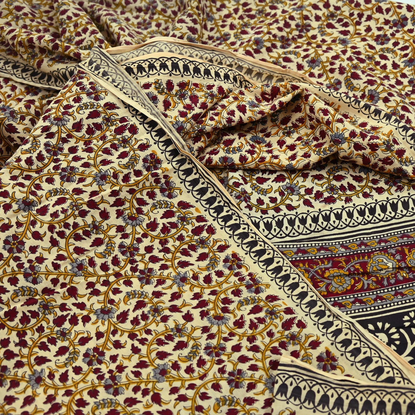 Indian Vintage Sari Ivory Block Printed Pure Cotton Sarees 5Yd Craft Fabric Sewing Sarong Wrap Boho Upcycle quilting Dress making