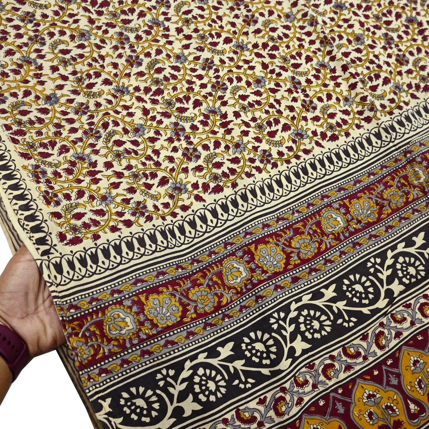 Indian Vintage Sari Ivory Block Printed Pure Cotton Sarees 5Yd Craft Fabric Sewing Sarong Wrap Boho Upcycle quilting Dress making
