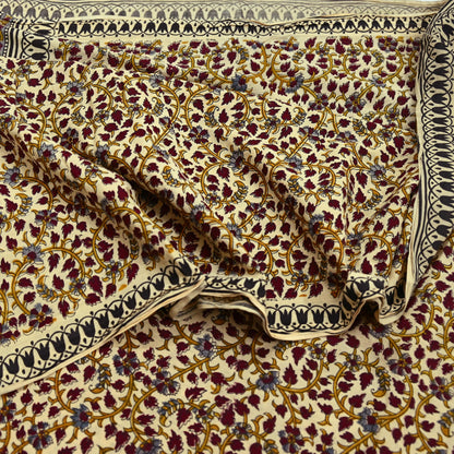 Indian Vintage Sari Ivory Block Printed Pure Cotton Sarees 5Yd Craft Fabric Sewing Sarong Wrap Boho Upcycle quilting Dress making
