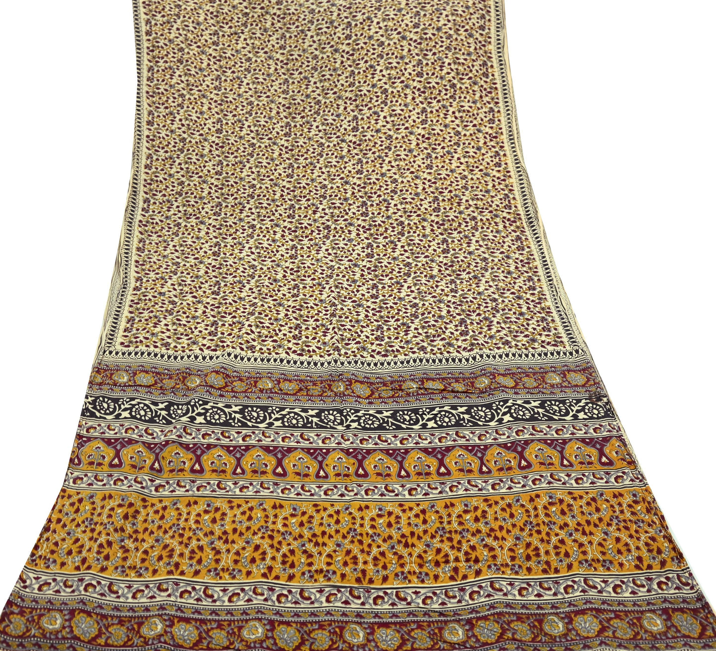 Indian Vintage Sari Ivory Block Printed Pure Cotton Sarees 5Yd Craft Fabric Sewing Sarong Wrap Boho Upcycle quilting Dress making