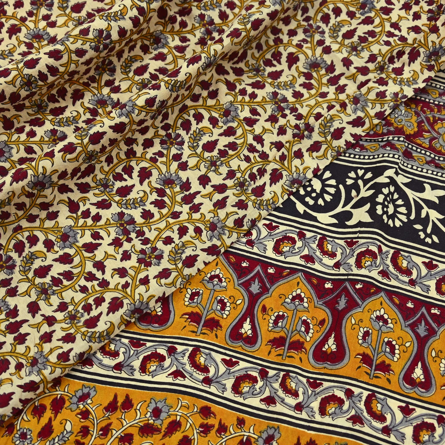 Indian Vintage Sari Ivory Block Printed Pure Cotton Sarees 5Yd Craft Fabric Sewing Sarong Wrap Boho Upcycle quilting Dress making