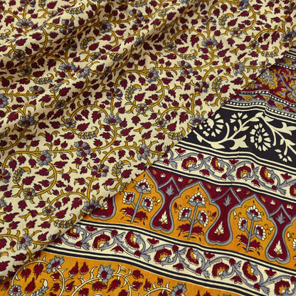 Indian Vintage Sari Ivory Block Printed Pure Cotton Sarees 5Yd Craft Fabric Sewing Sarong Wrap Boho Upcycle quilting Dress making