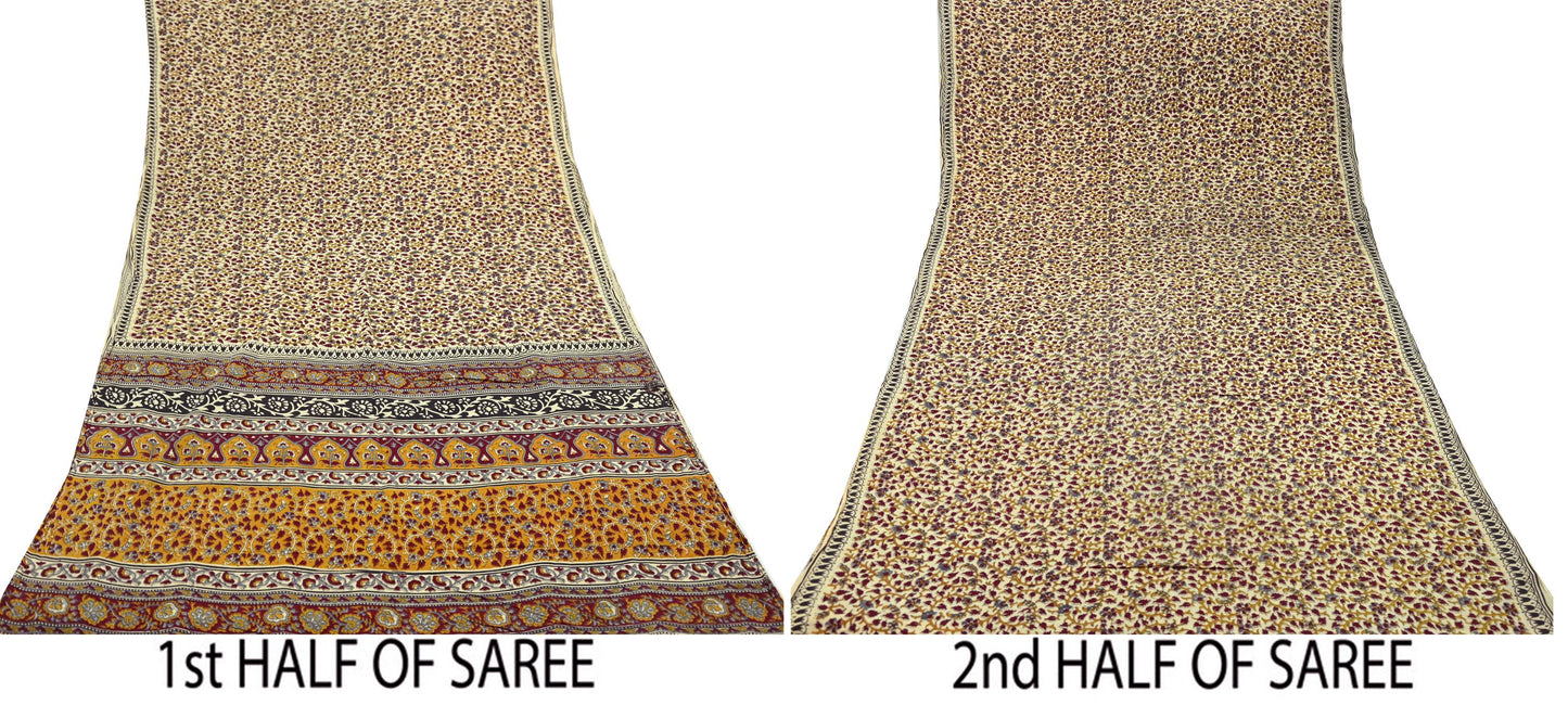 Indian Vintage Sari Ivory Block Printed Pure Cotton Sarees 5Yd Craft Fabric Sewing Sarong Wrap Boho Upcycle quilting Dress making