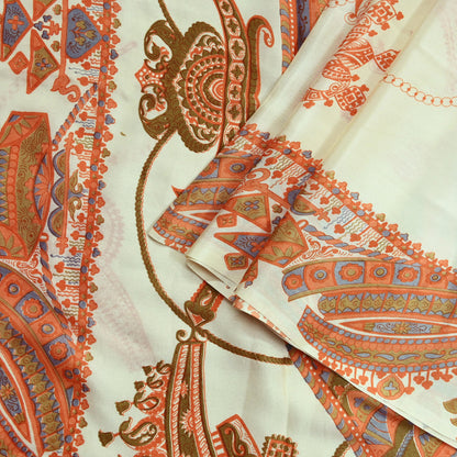 Indian Vintage Sari Ivory Pure Crepe Silk Printed Saree 5yd Sewing Floral Soft Craft Fabric Wrap Dress Making Crafting Quilting Upcycle