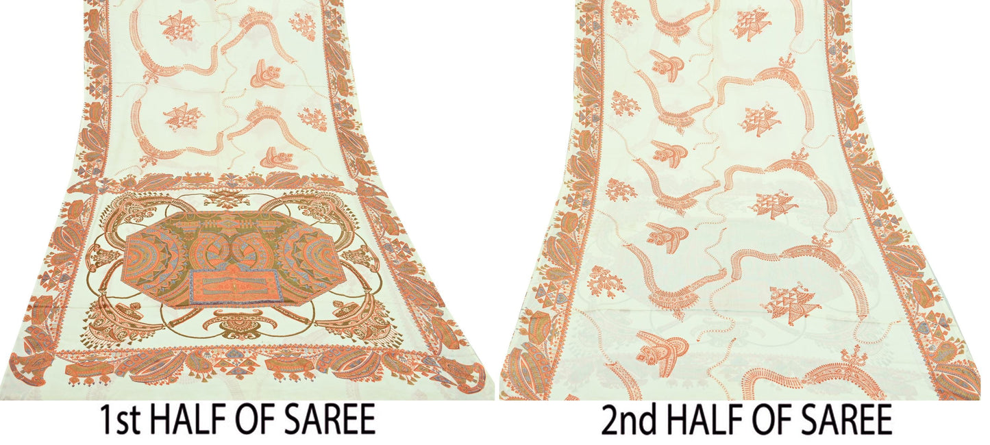 Indian Vintage Sari Ivory Pure Crepe Silk Printed Saree 5yd Sewing Floral Soft Craft Fabric Wrap Dress Making Crafting Quilting Upcycle