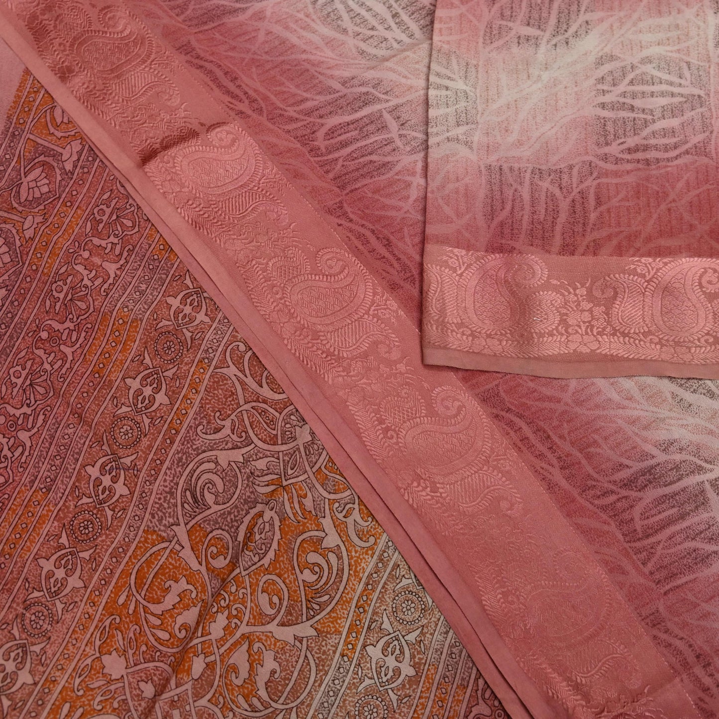 Indian Vintage Sari Peach Pure Crepe Silk Printed Sarees 6yd Craft Fabric Sewing Soft Wrap Peacock Upcycle Quilting Dress Making Crafting