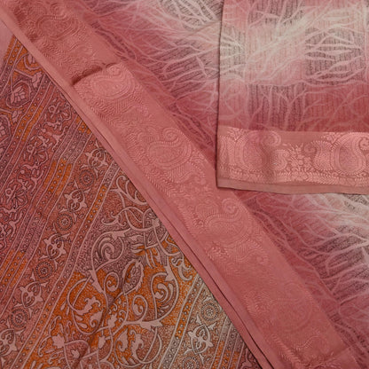 Indian Vintage Sari Peach Pure Crepe Silk Printed Sarees 6yd Craft Fabric Sewing Soft Wrap Peacock Upcycle Quilting Dress Making Crafting