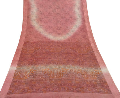 Indian Vintage Sari Peach Pure Crepe Silk Printed Sarees 6yd Craft Fabric Sewing Soft Wrap Peacock Upcycle Quilting Dress Making Crafting