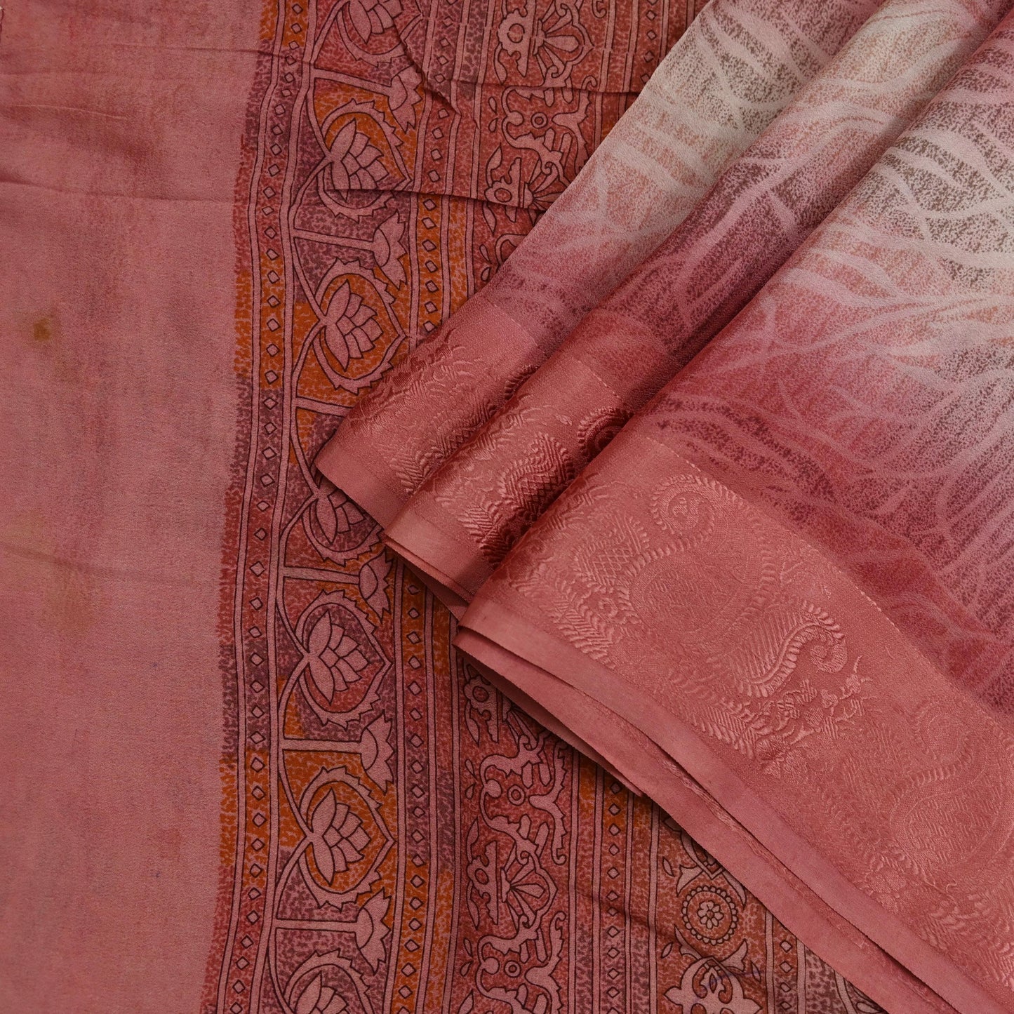 Indian Vintage Sari Peach Pure Crepe Silk Printed Sarees 6yd Craft Fabric Sewing Soft Wrap Peacock Upcycle Quilting Dress Making Crafting