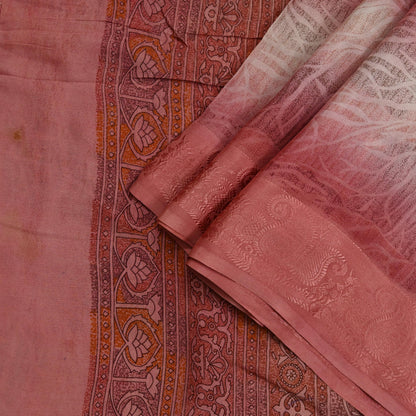 Indian Vintage Sari Peach Pure Crepe Silk Printed Sarees 6yd Craft Fabric Sewing Soft Wrap Peacock Upcycle Quilting Dress Making Crafting