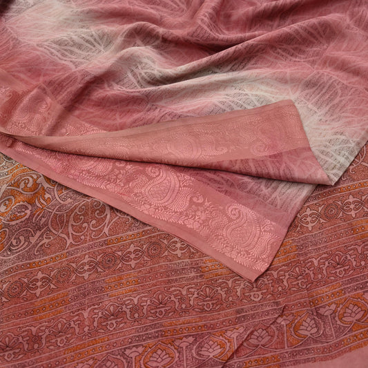 Indian Vintage Sari Peach Pure Crepe Silk Printed Sarees 6yd Craft Fabric Sewing Soft Wrap Peacock Upcycle Quilting Dress Making Crafting