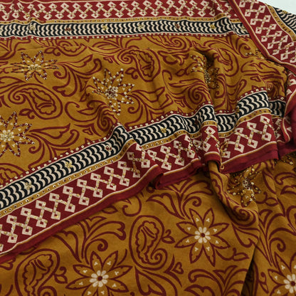 Indian Vintage Sari Mustard Pure Crepe Silk Hand Embroidered Saree 5yd Sewing Floral Craft Sequins Dress making Crafting Quilting