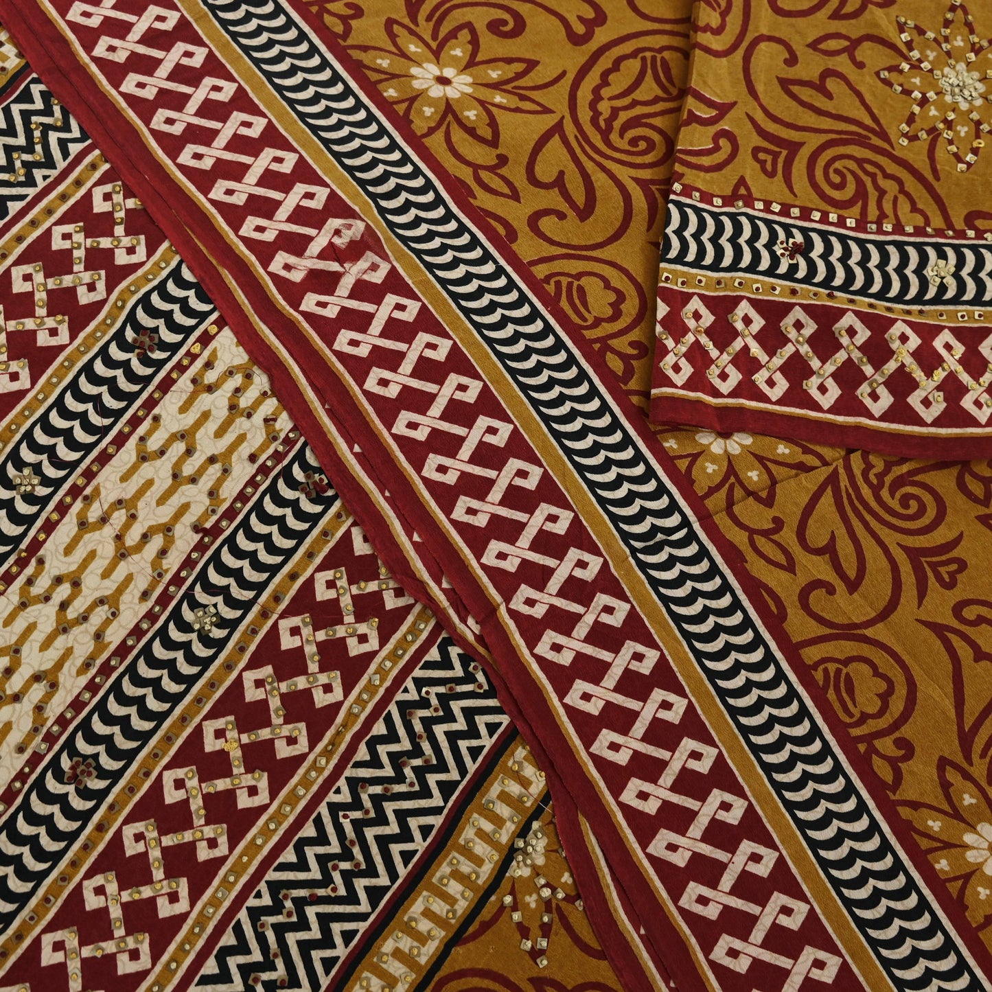 Indian Vintage Sari Mustard Pure Crepe Silk Hand Embroidered Saree 5yd Sewing Floral Craft Sequins Dress making Crafting Quilting