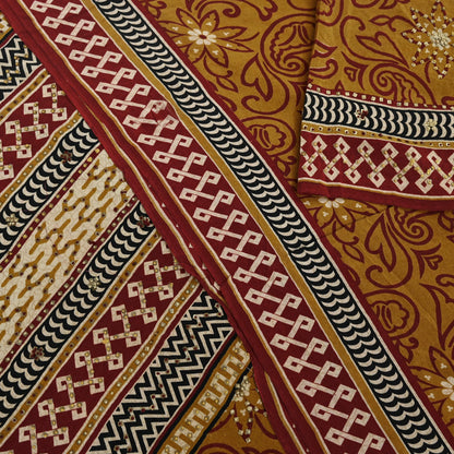 Indian Vintage Sari Mustard Pure Crepe Silk Hand Embroidered Saree 5yd Sewing Floral Craft Sequins Dress making Crafting Quilting
