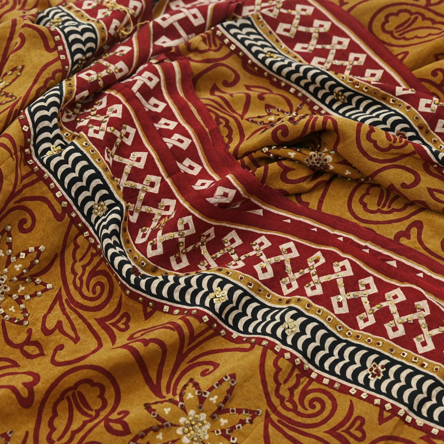 Indian Vintage Sari Mustard Pure Crepe Silk Hand Embroidered Saree 5yd Sewing Floral Craft Sequins Dress making Crafting Quilting