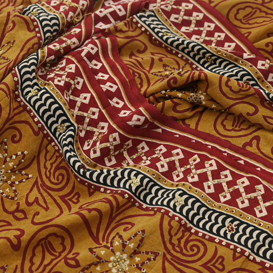 Indian Vintage Sari Mustard Pure Crepe Silk Hand Embroidered Saree 5yd Sewing Floral Craft Sequins Dress making Crafting Quilting