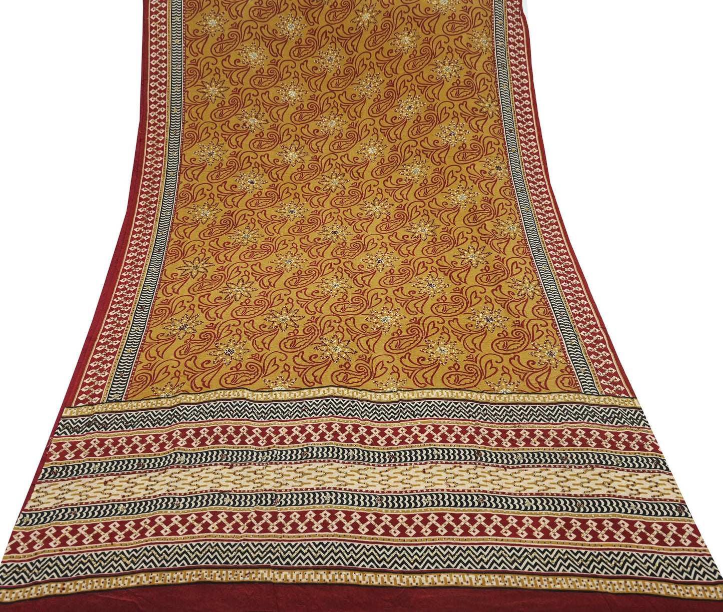 Indian Vintage Sari Mustard Pure Crepe Silk Hand Embroidered Saree 5yd Sewing Floral Craft Sequins Dress making Crafting Quilting