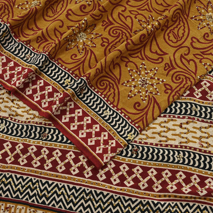 Indian Vintage Sari Mustard Pure Crepe Silk Hand Embroidered Saree 5yd Sewing Floral Craft Sequins Dress making Crafting Quilting