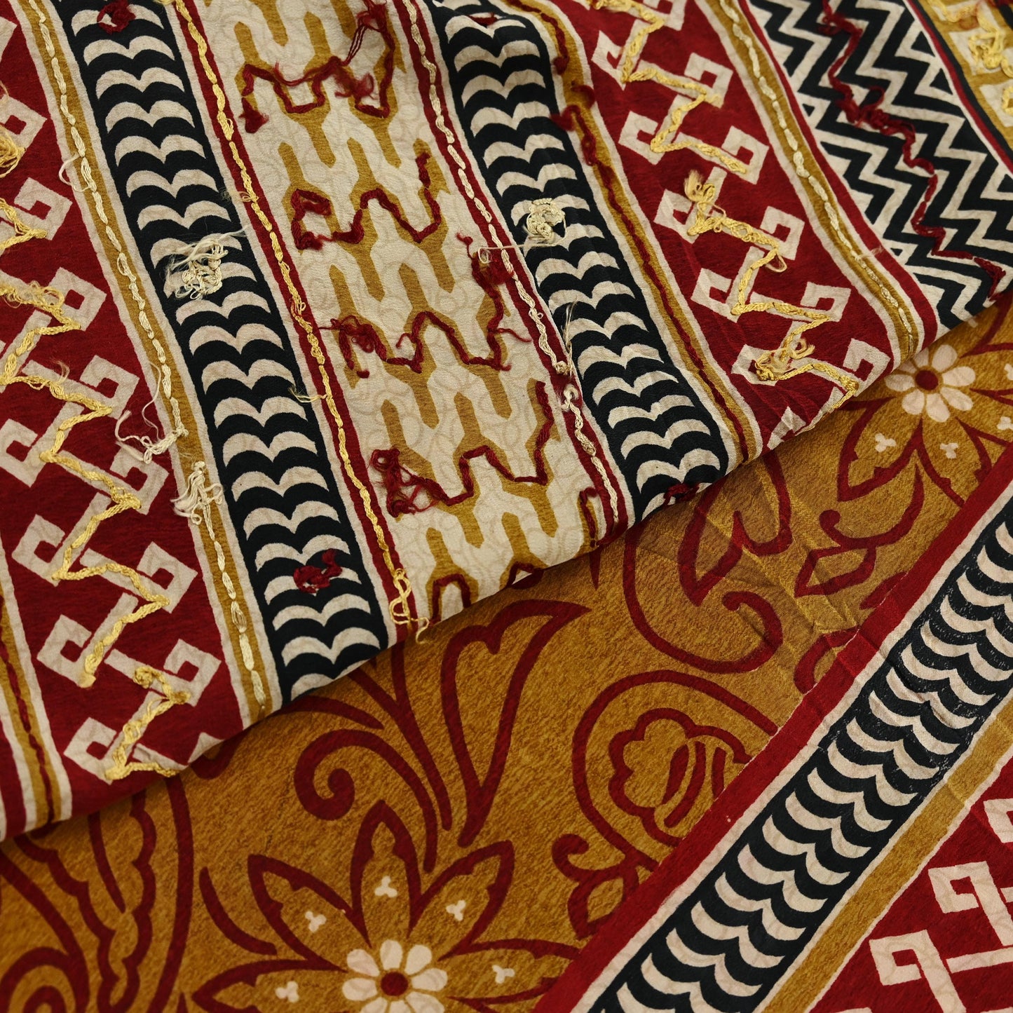 Indian Vintage Sari Mustard Pure Crepe Silk Hand Embroidered Saree 5yd Sewing Floral Craft Sequins Dress making Crafting Quilting
