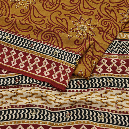 Indian Vintage Sari Mustard Pure Crepe Silk Hand Embroidered Saree 5yd Sewing Floral Craft Sequins Dress making Crafting Quilting