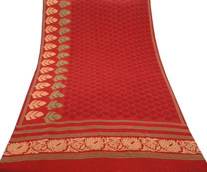 Indian Vintage Sari Red Pure Crepe Silk Printed Saree 5yd Sewing Floral Soft Craft Fabric Wrap Dress making Crafting Quilting Upcycle