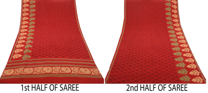 Indian Vintage Sari Red Pure Crepe Silk Printed Saree 5yd Sewing Floral Soft Craft Fabric Wrap Dress making Crafting Quilting Upcycle