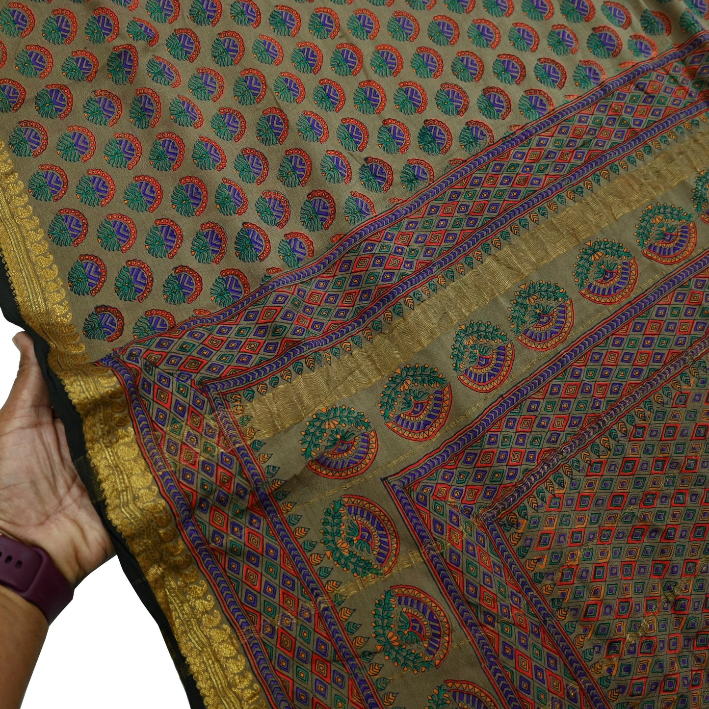 Indian Vintage Sari Brown 100% Pure Silk Printed Saree 5yd Sewing Craft Fabric Dress Making Wrap Floral Zari Crafting Quilting Upcycle