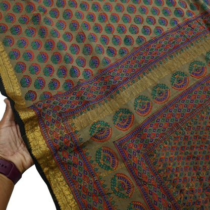 Indian Vintage Sari Brown 100% Pure Silk Printed Saree 5yd Sewing Craft Fabric Dress Making Wrap Floral Zari Crafting Quilting Upcycle