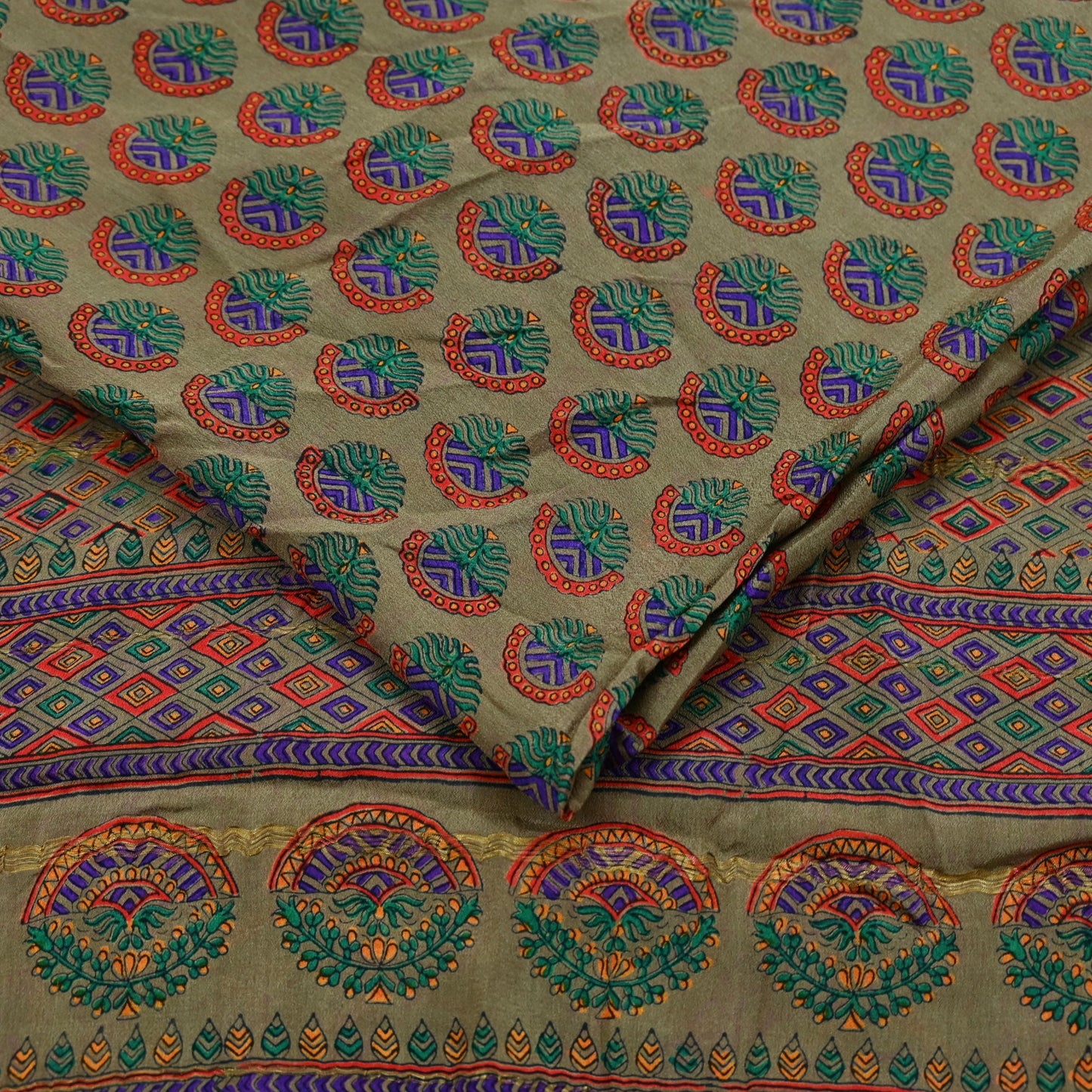 Indian Vintage Sari Brown 100% Pure Silk Printed Saree 5yd Sewing Craft Fabric Dress Making Wrap Floral Zari Crafting Quilting Upcycle