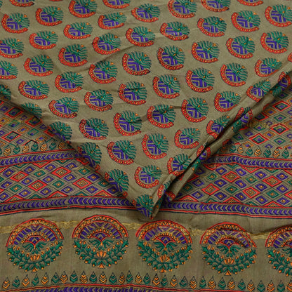 Indian Vintage Sari Brown 100% Pure Silk Printed Saree 5yd Sewing Craft Fabric Dress Making Wrap Floral Zari Crafting Quilting Upcycle