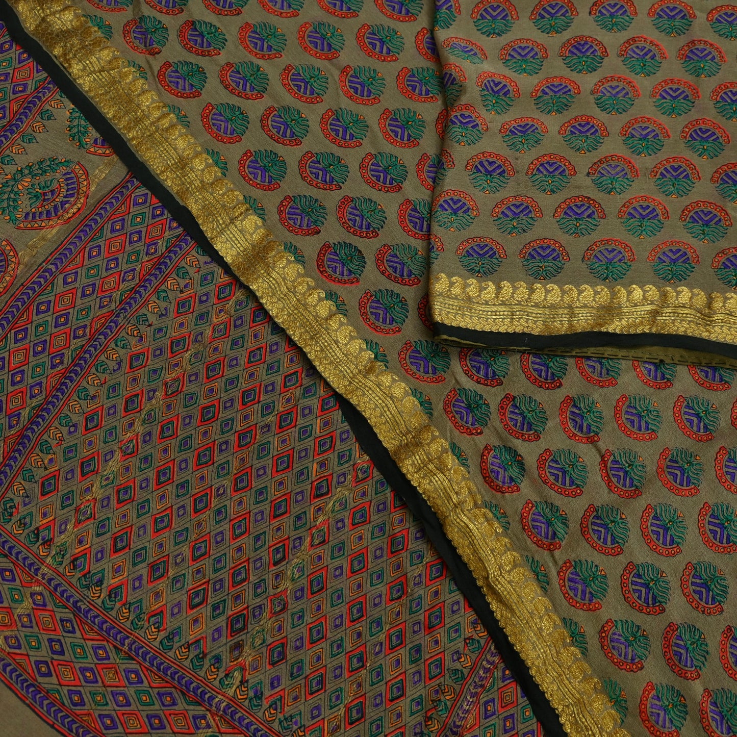 Indian Vintage Sari Brown 100% Pure Silk Printed Saree 5yd Sewing Craft Fabric Dress Making Wrap Floral Zari Crafting Quilting Upcycle